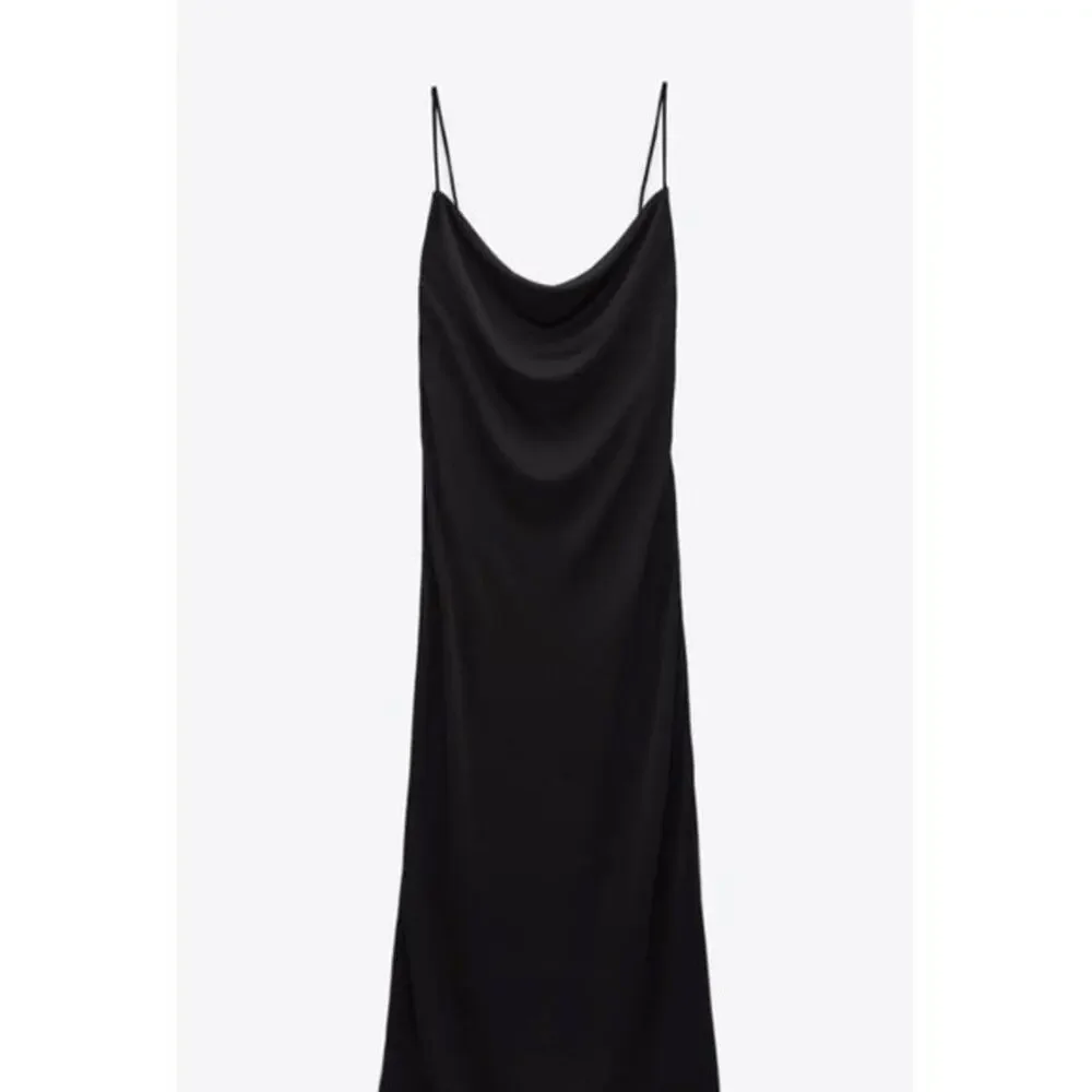 ZARA Classic Black Satin Midi Slip Dress Size M